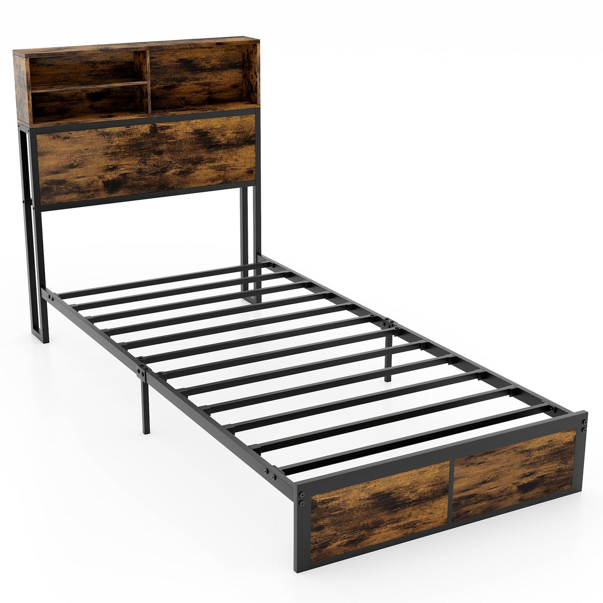 Twin Metal Platform Bed Frame with Storage Headboard Z541