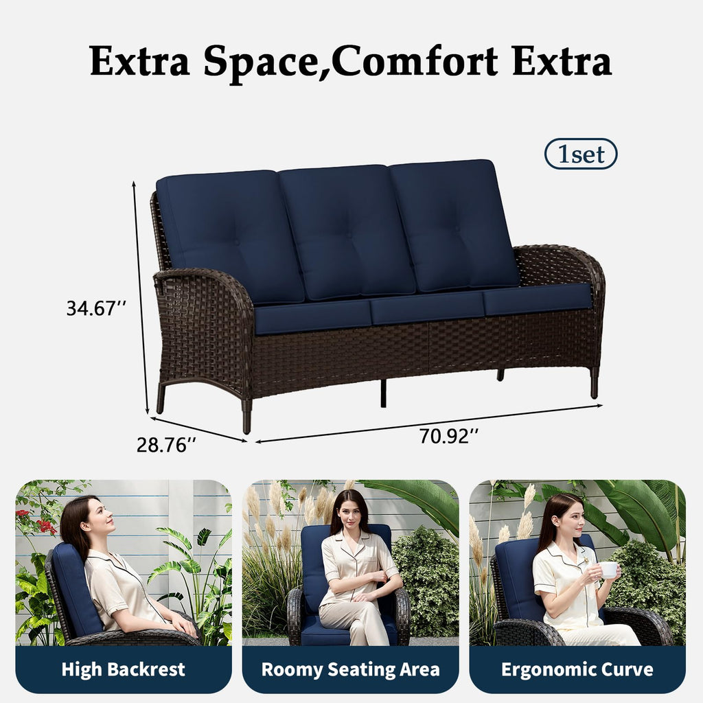 72" Wicker 3-seat Sofa with Cushions, PE Rattan & Steel Frame R460800