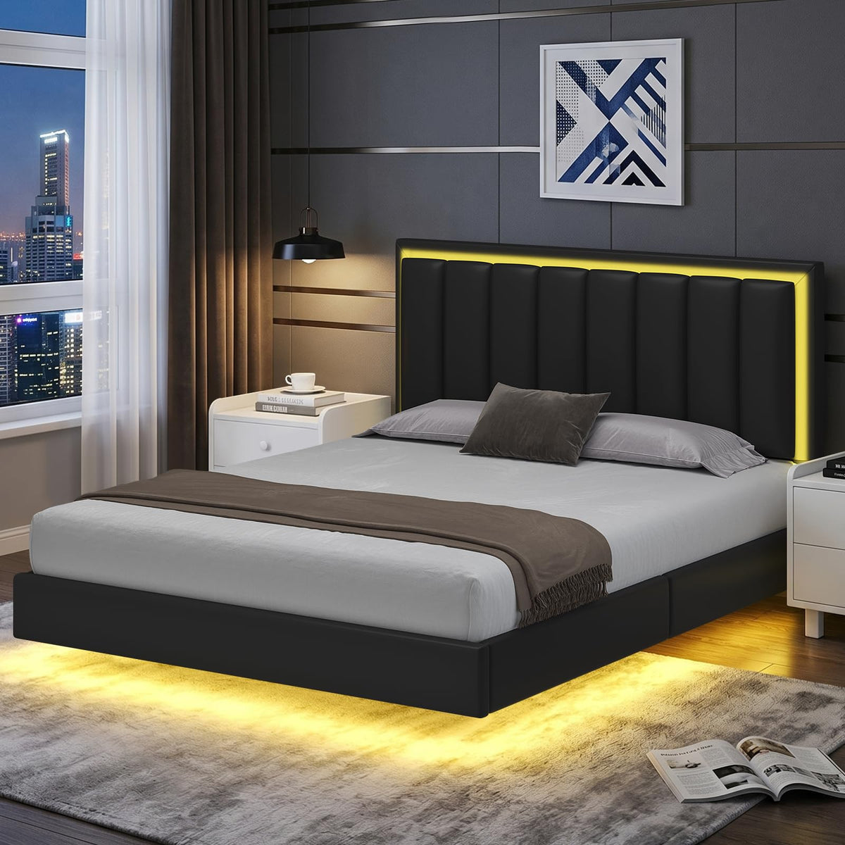 Black Full Size Floating Bed Frame with LED Lights O228