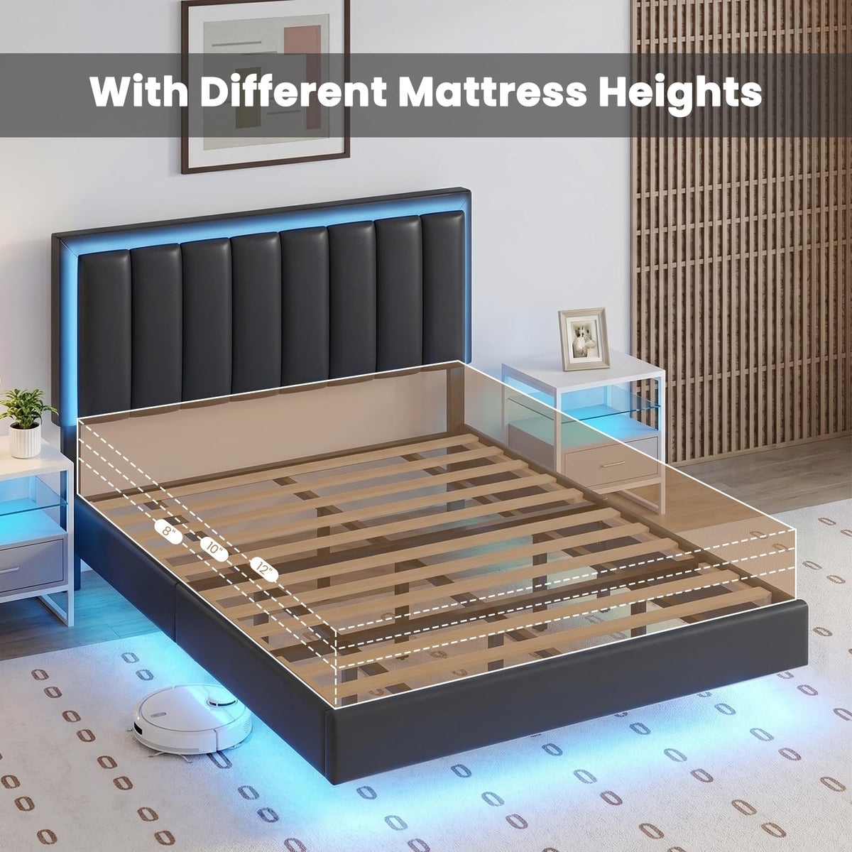 Black Full Size Floating Bed Frame with LED Lights O228