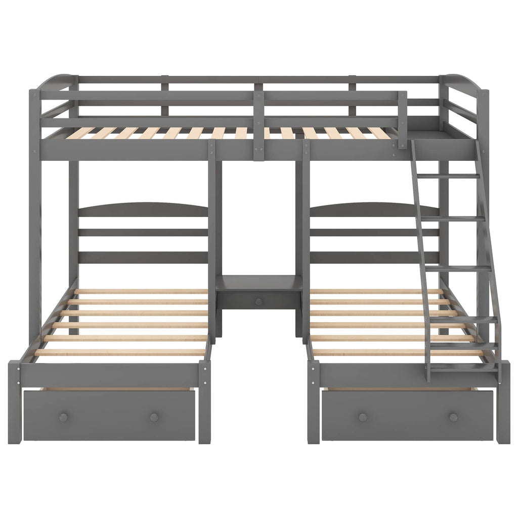 Full Over 2 Twin Wood Triple Bunk Bed with 3 Drawers and Guardrails H78117