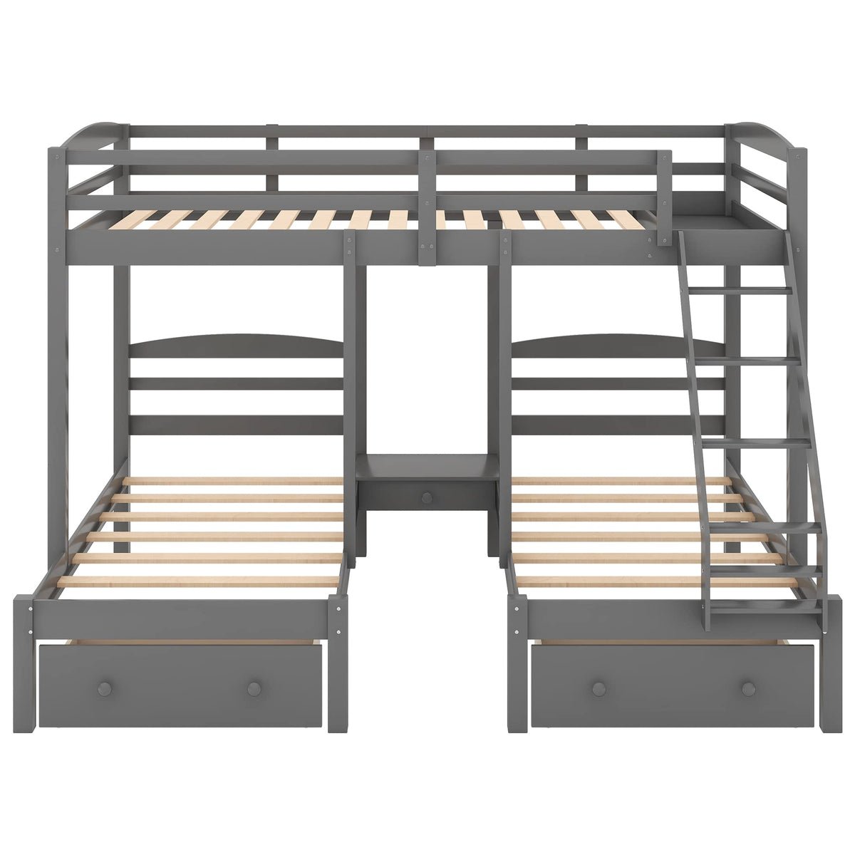 Full Over 2 Twin Wood Triple Bunk Bed with 3 Drawers and Guardrails H78117