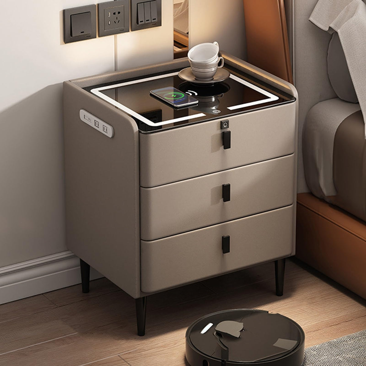 Khaki Nightstand with Wireless Charging Station and 3 Drawers X81105