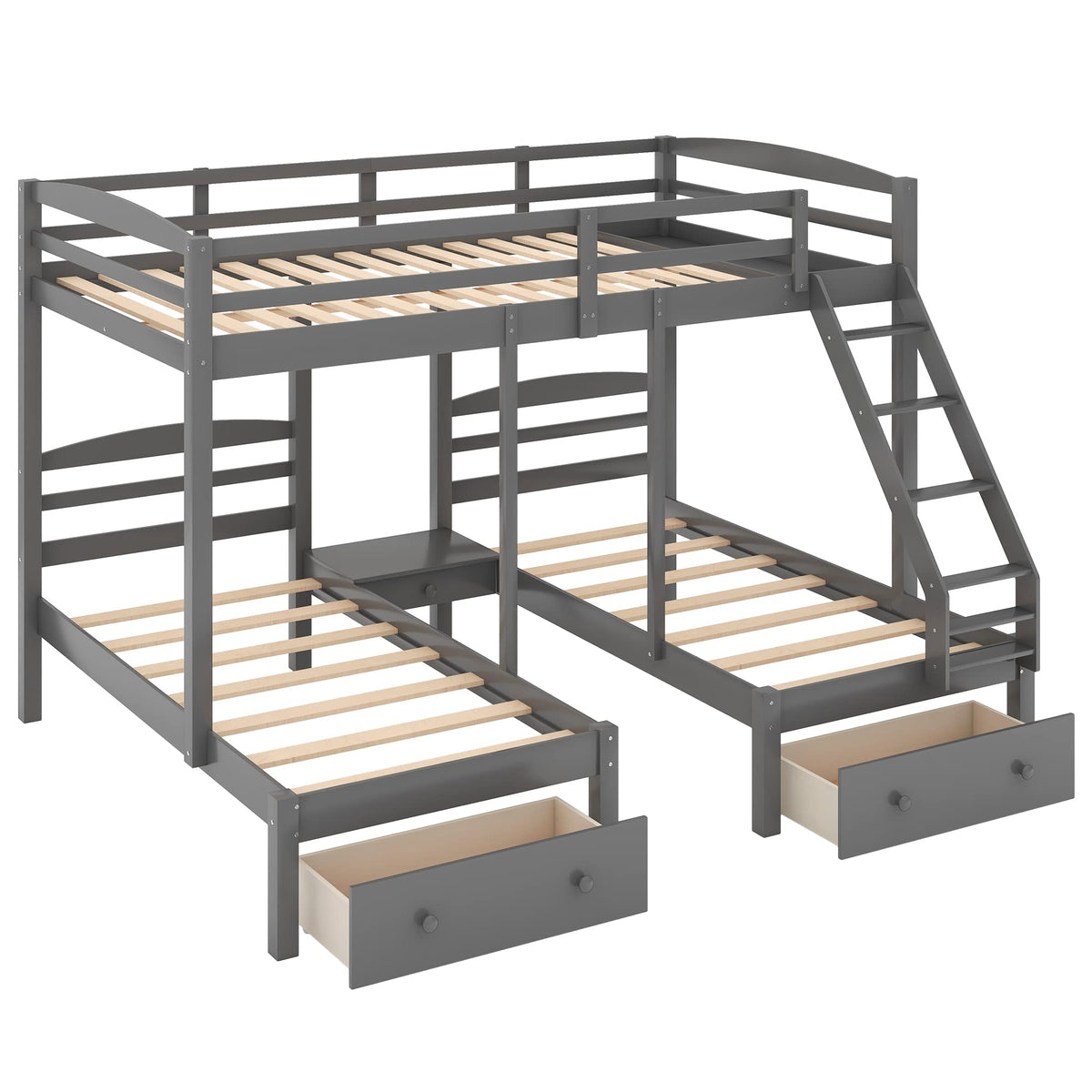 Full Over 2 Twin Wood Triple Bunk Bed with 3 Drawers and Guardrails H78117