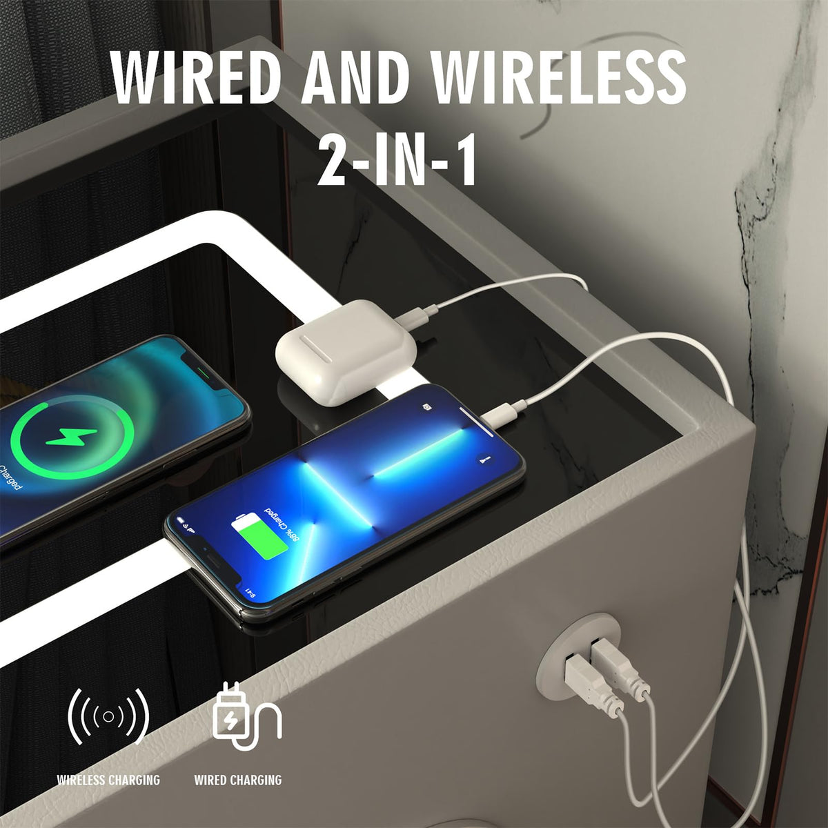 Wireless Charging Nightstand with 2 Drawers K8939