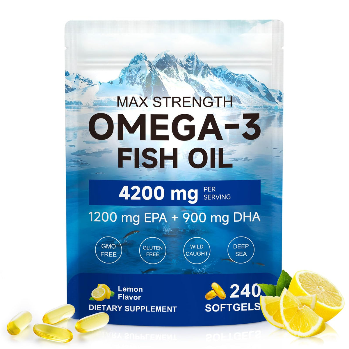 Omega 3 Fish Oil Supplement 240 Softgels Lemon Flavor E3747