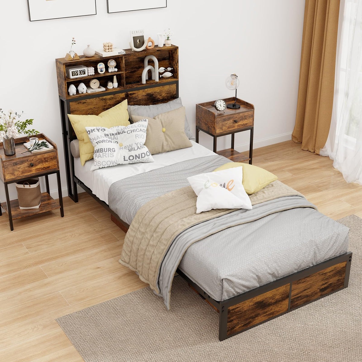 Twin Metal Platform Bed Frame with Storage Headboard Z541