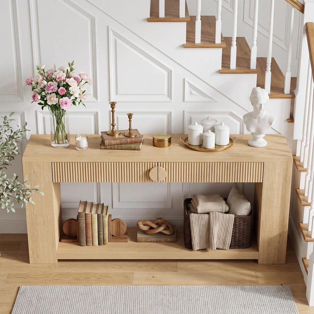 Oak Console Table with Storage Drawers T6205