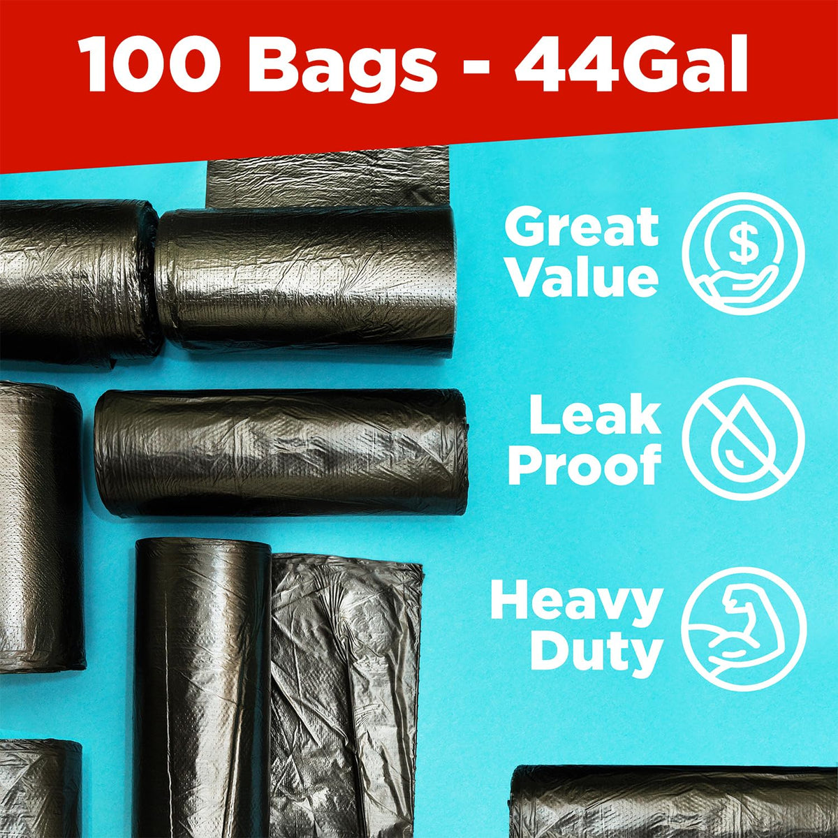 44 Gallon Heavy Duty Contractor Trash Bags, 100 Ct, Black, 1.2 Mil B70632