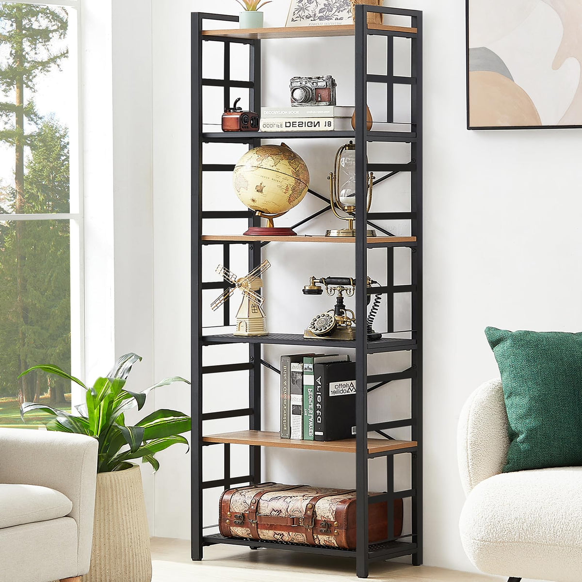 6 Tier 70 inch Tall Brown Bookshelf W2705