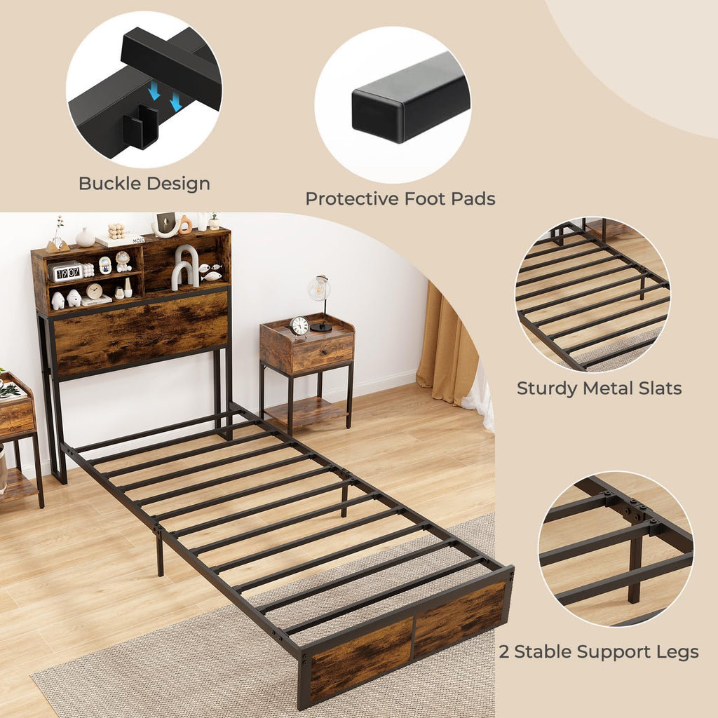 Twin Metal Platform Bed Frame with Storage Headboard Z541