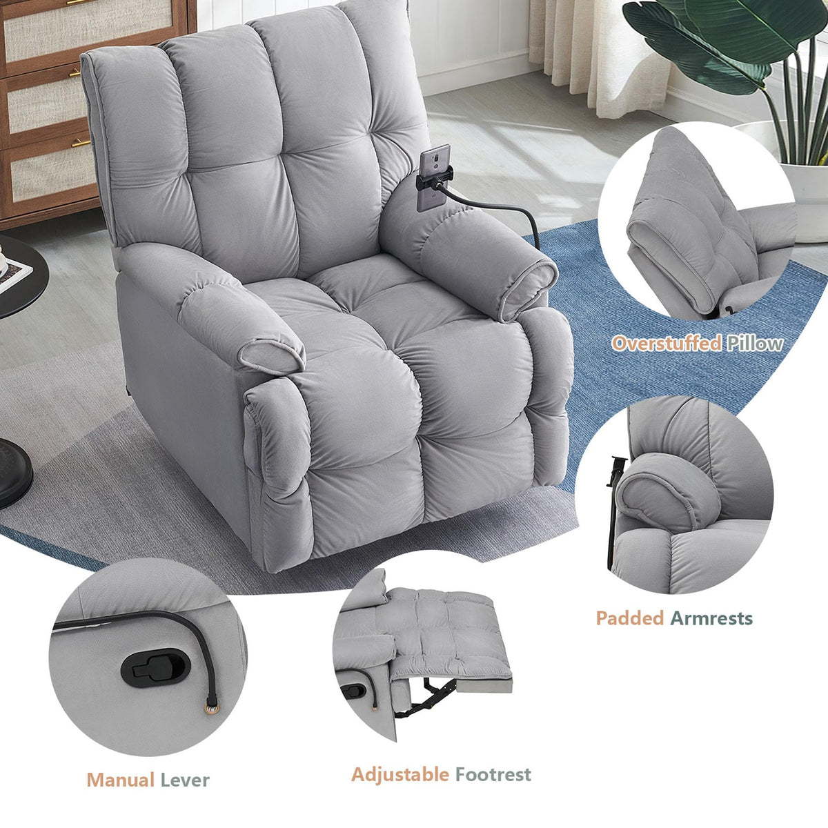 Gray Velvet Recliner Chair R397