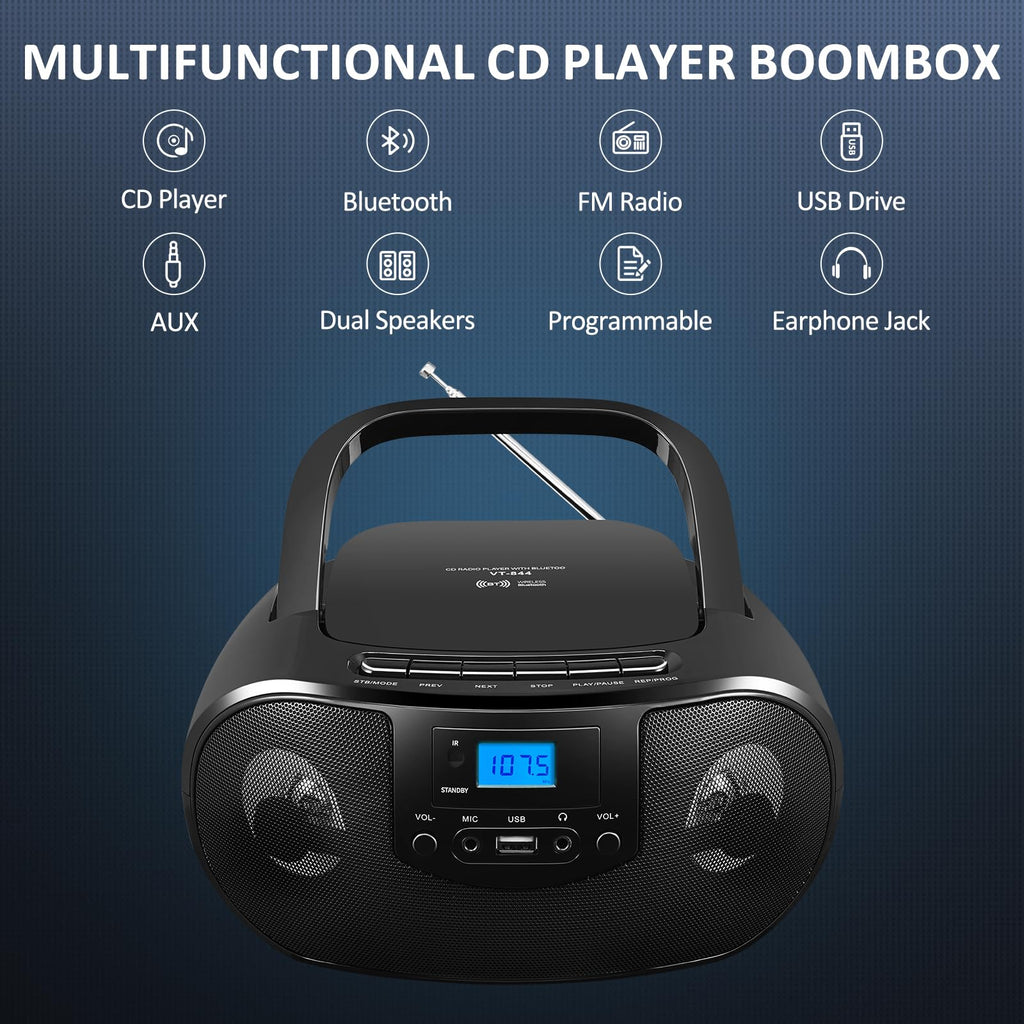 Portable CD Player Boombox with FM Radio, Bluetooth, Remote Control, Black K845072