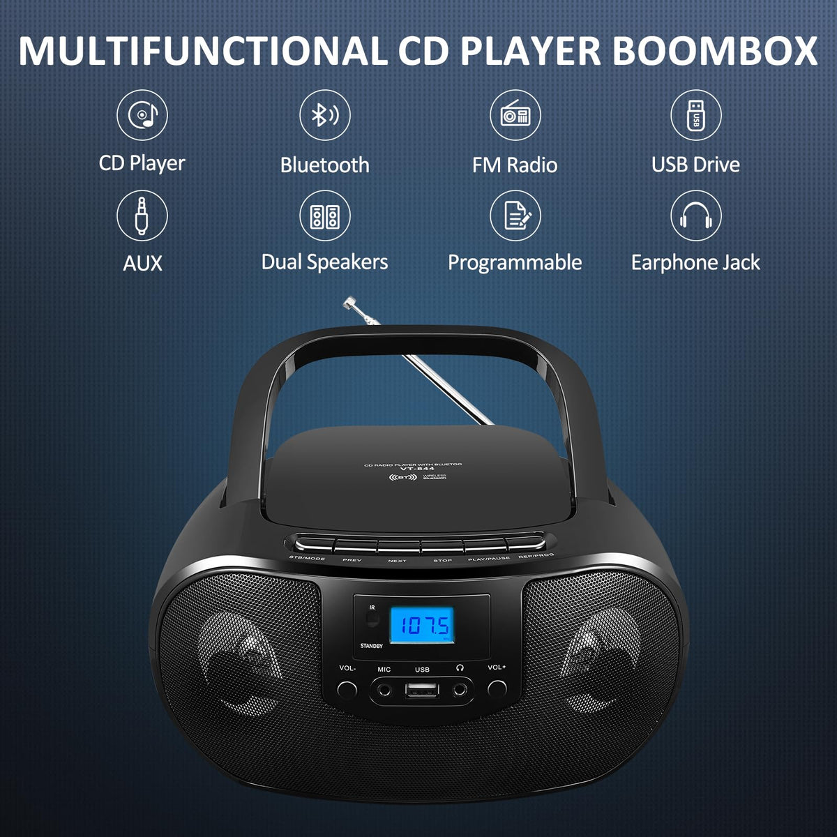 Portable CD Player Boombox with FM Radio, Bluetooth, Remote Control, Black K845072
