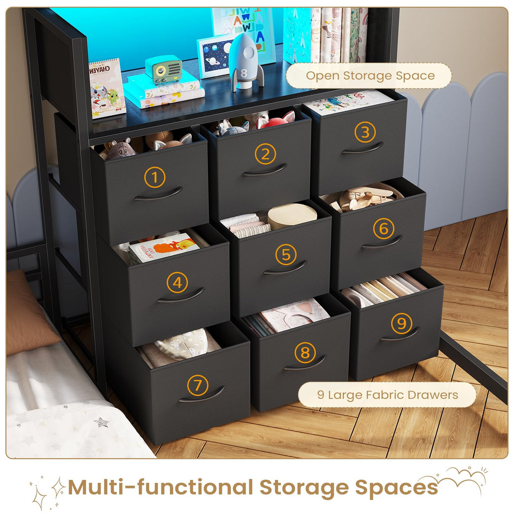 Twin Over Twin L-Shaped Bunk Bed with 9 Storage Drawers, LED Lights, Guardrail & Ladder, Black D534783