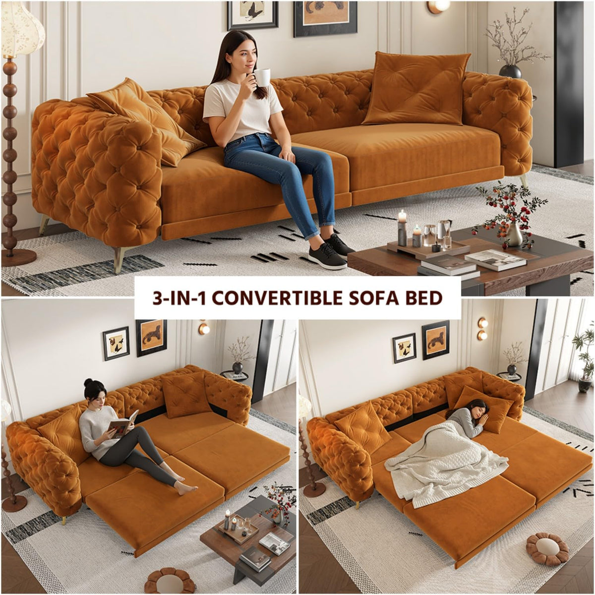 Queen Size Velvet Convertible Sofa Bed with Ottoman S2364