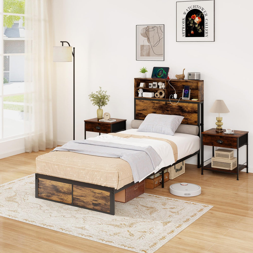 Twin Metal Platform Bed Frame with Storage Headboard Z541