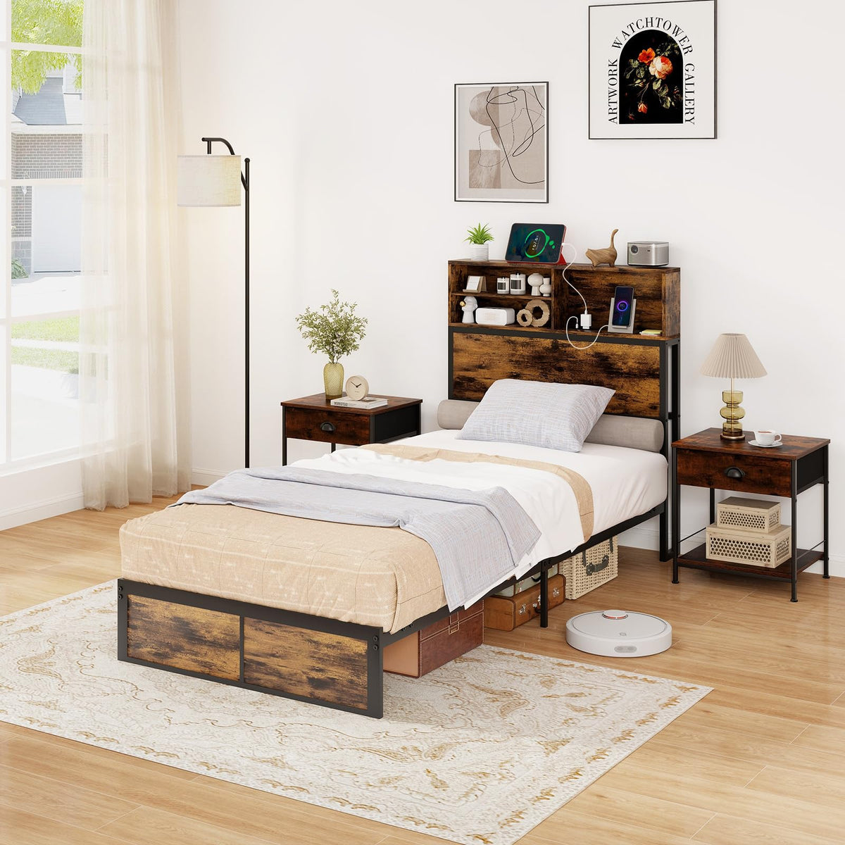 Twin Metal Platform Bed Frame with Storage Headboard Z541