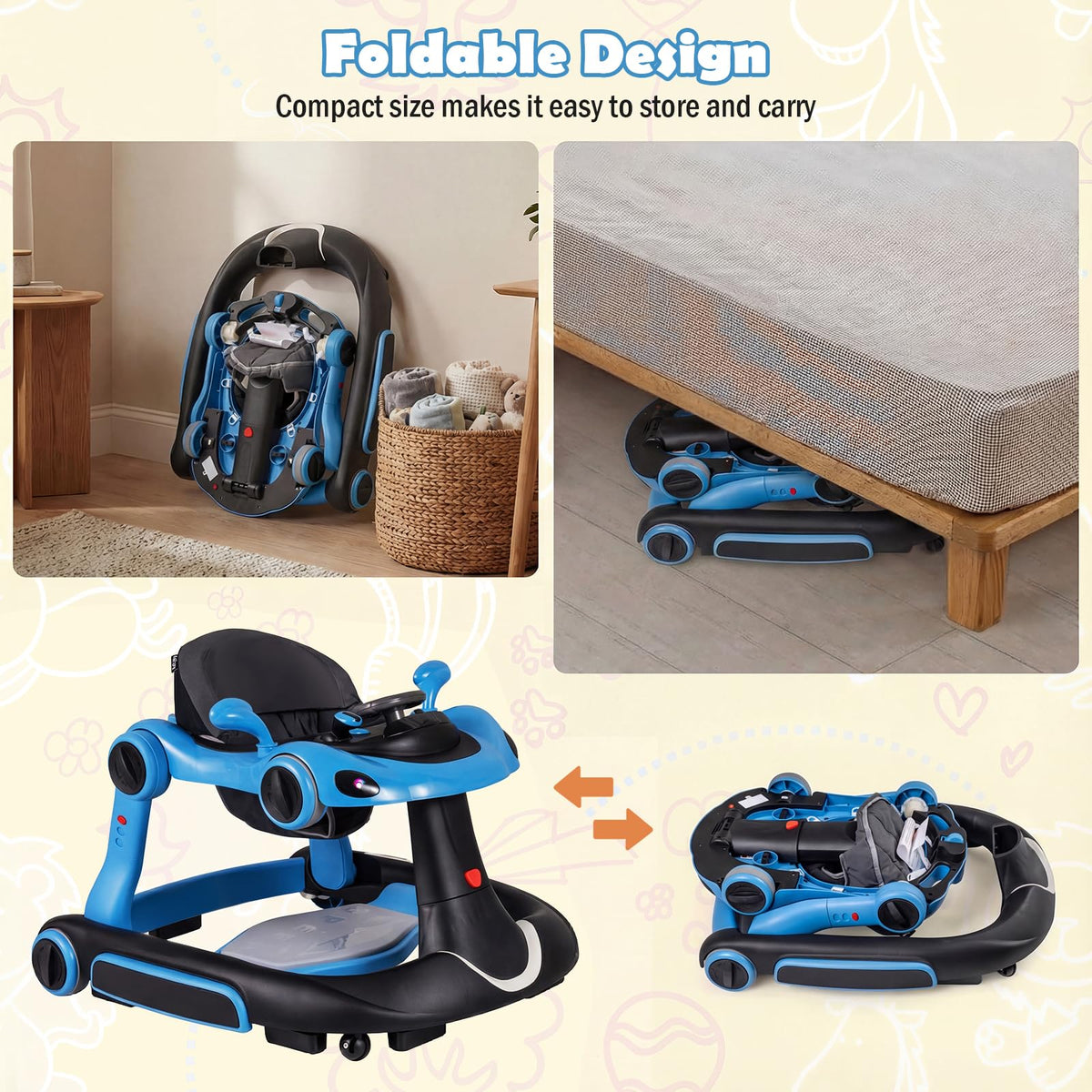 Foldable Baby Walker with Canopy and Wheels G959489