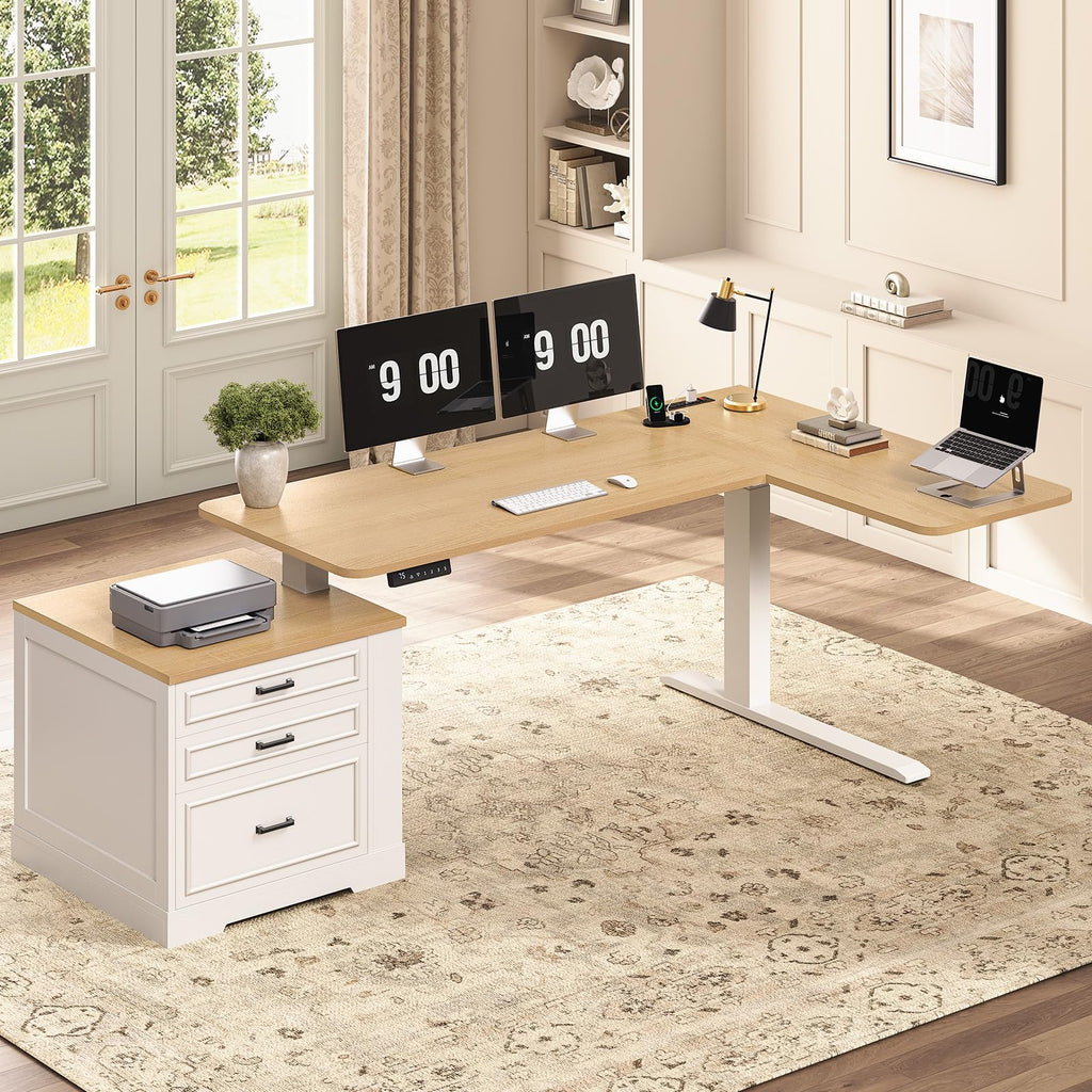 L Shaped Height Adjustable Standing Desk with 3 Drawers R147