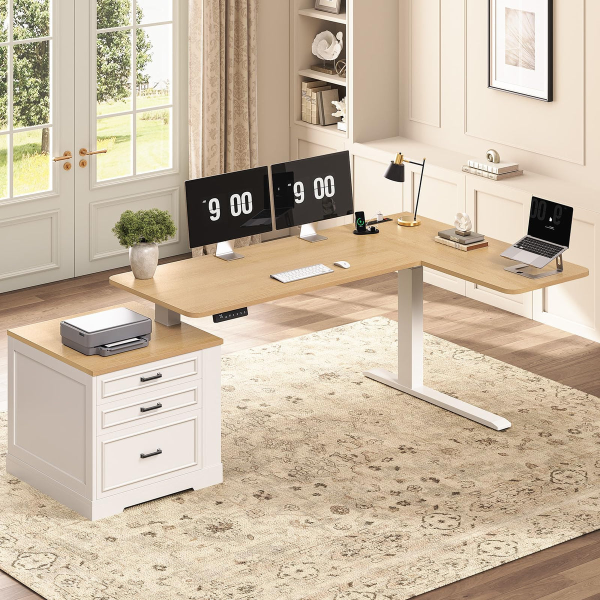 L Shaped Height Adjustable Standing Desk with 3 Drawers R147