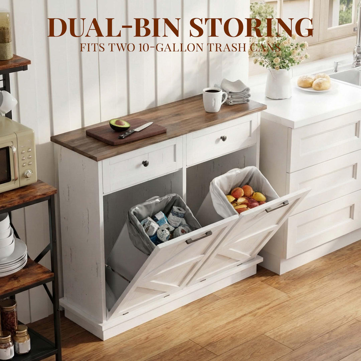 White Double Tilt Out Trash Can Cabinet with 2 Storage Drawers M359402