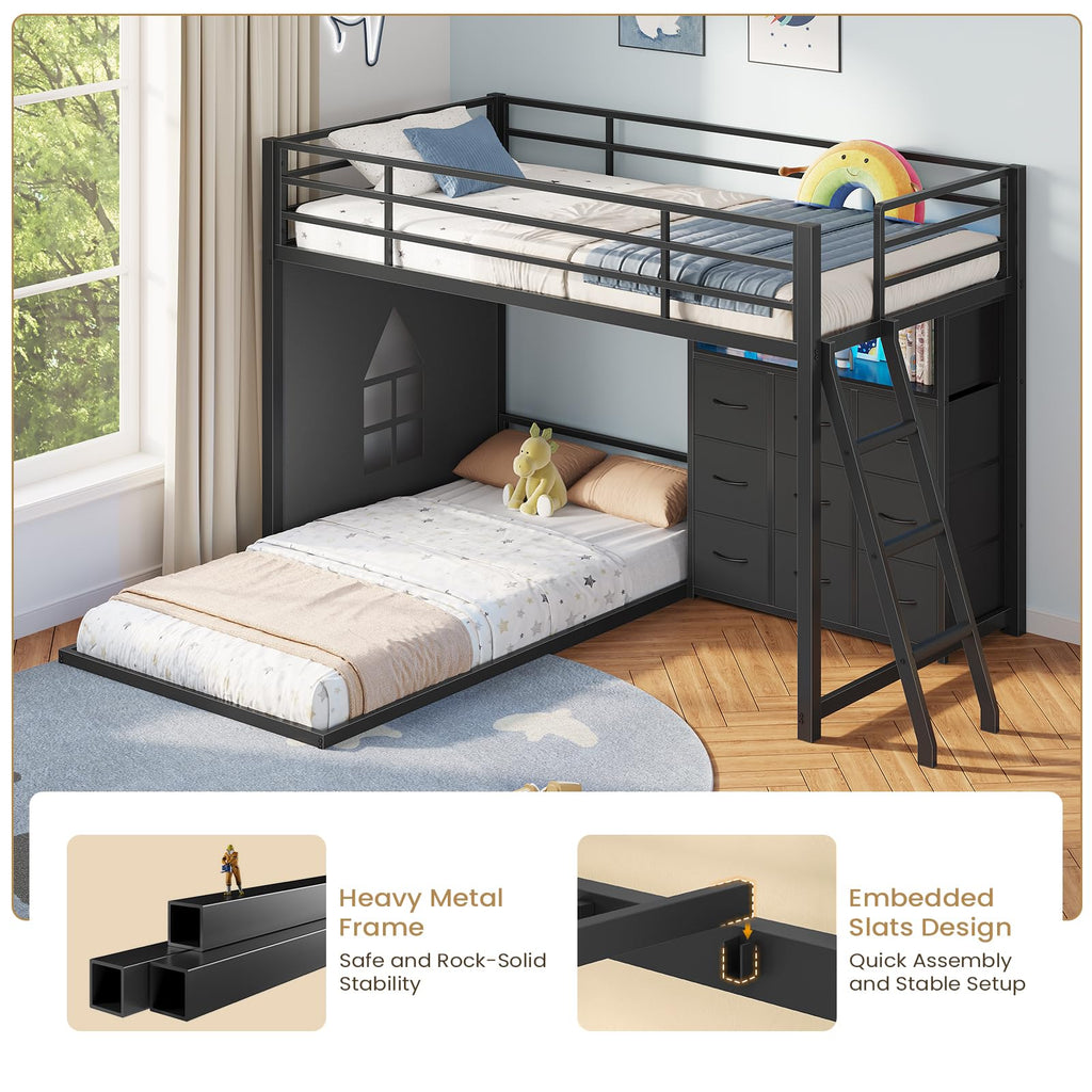 Twin Over Twin L-Shaped Bunk Bed with 9 Storage Drawers, LED Lights, Guardrail & Ladder, Black D534783