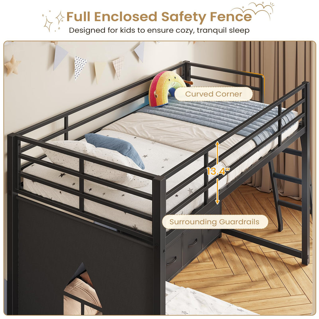 Twin Over Twin L-Shaped Bunk Bed with 9 Storage Drawers, LED Lights, Guardrail & Ladder, Black D534783