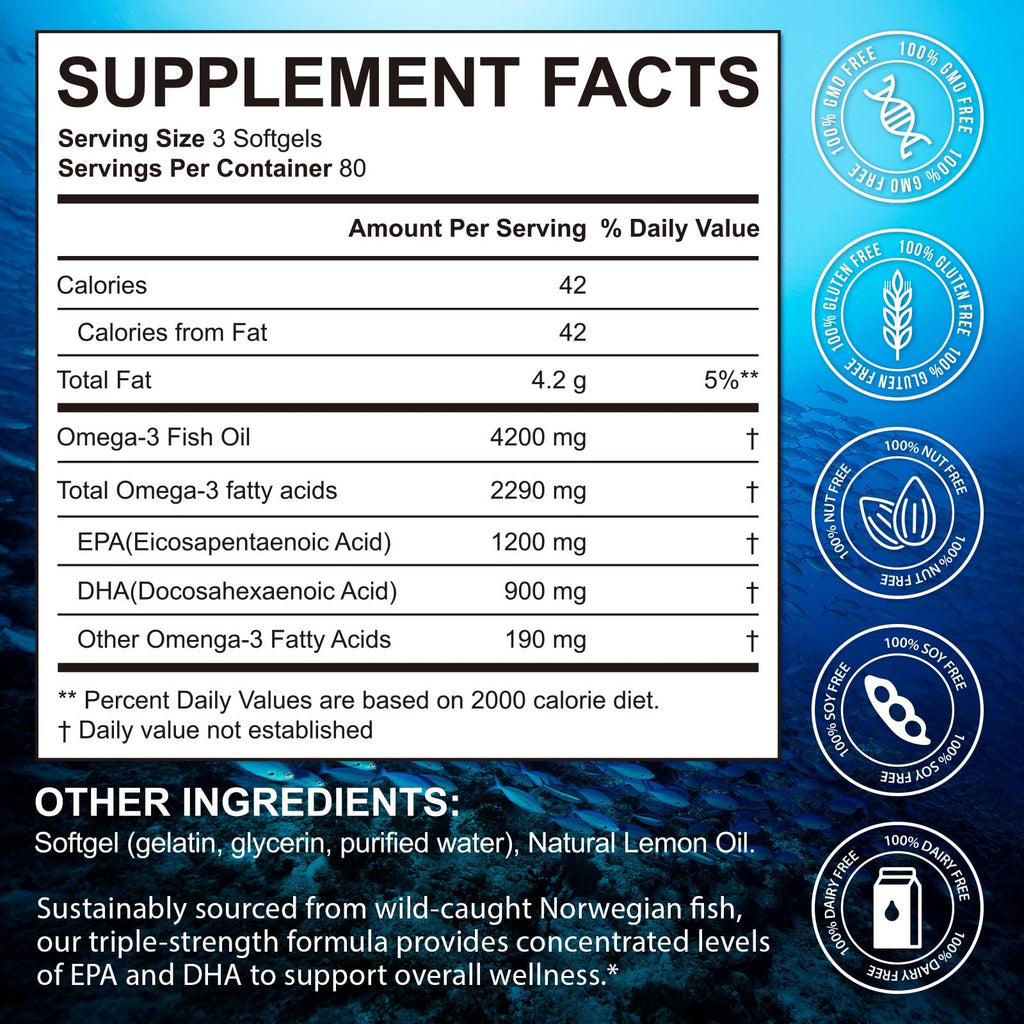 Omega 3 Fish Oil Supplement 240 Softgels Lemon Flavor E3747