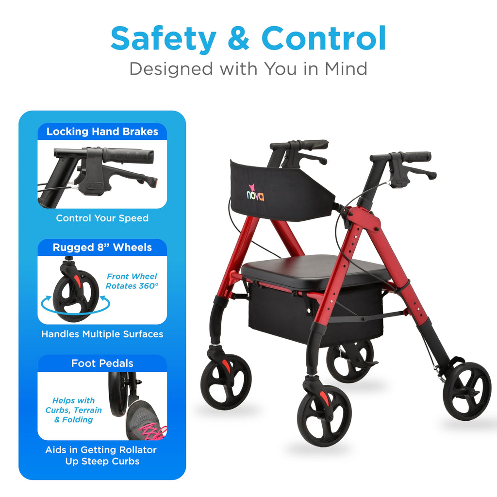 Foldable Rollator Walker with Seat, 400 lb Weight Capacity, 8” All-Terrain Wheels, Red U4387