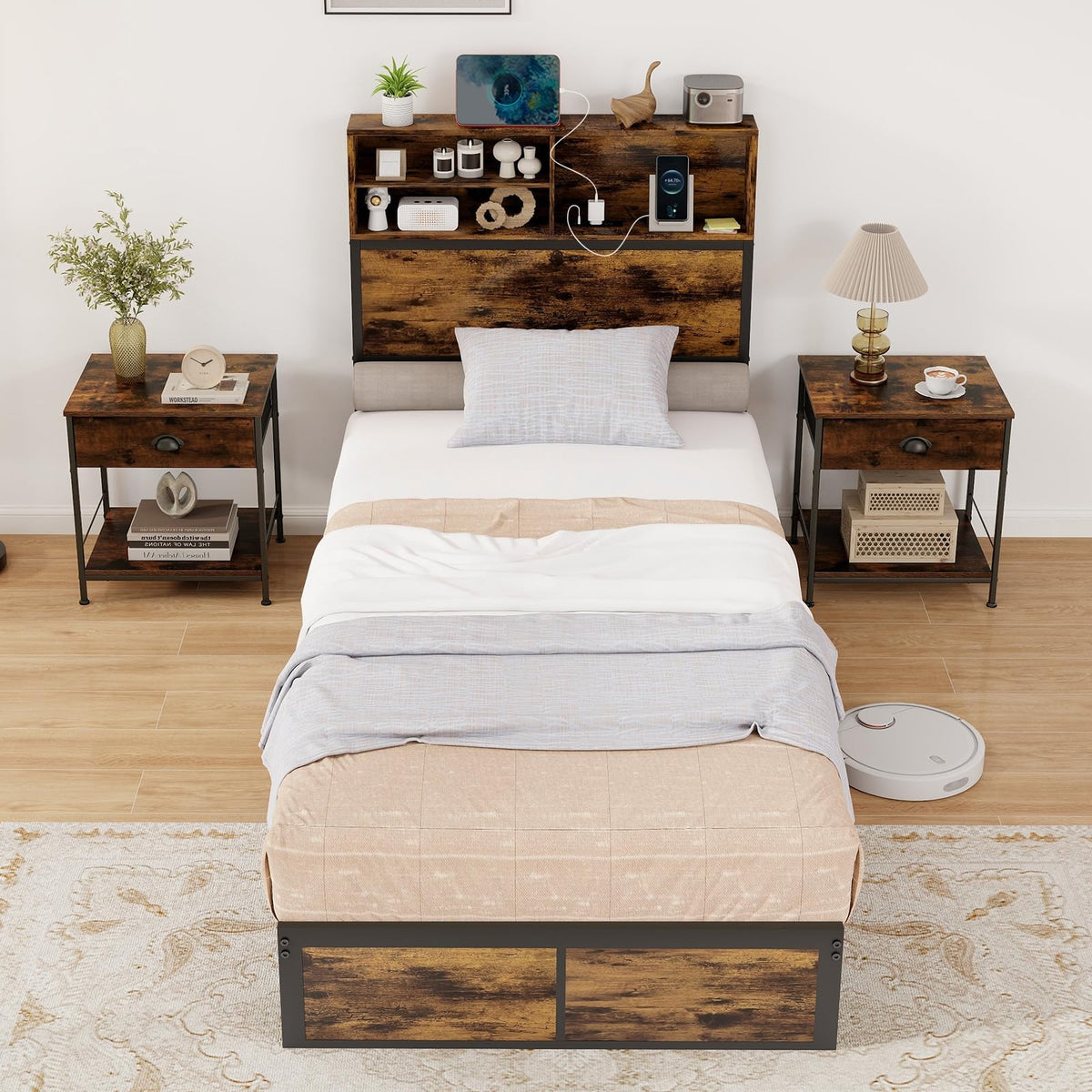 Twin Metal Platform Bed Frame with Storage Headboard Z541