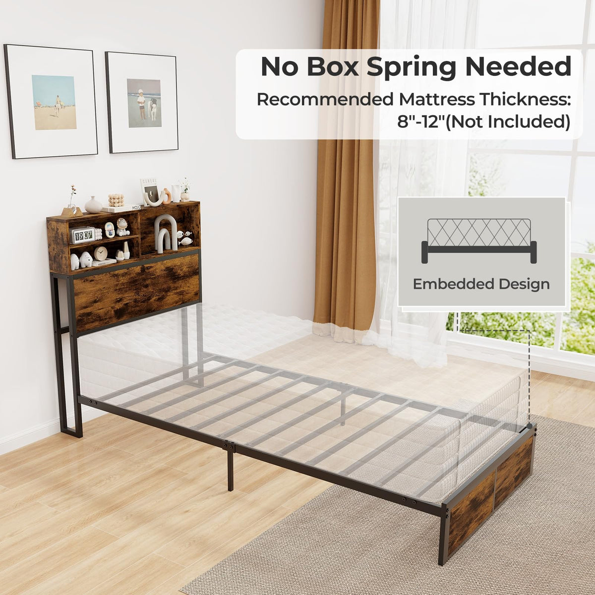 Twin Metal Platform Bed Frame with Storage Headboard Z541