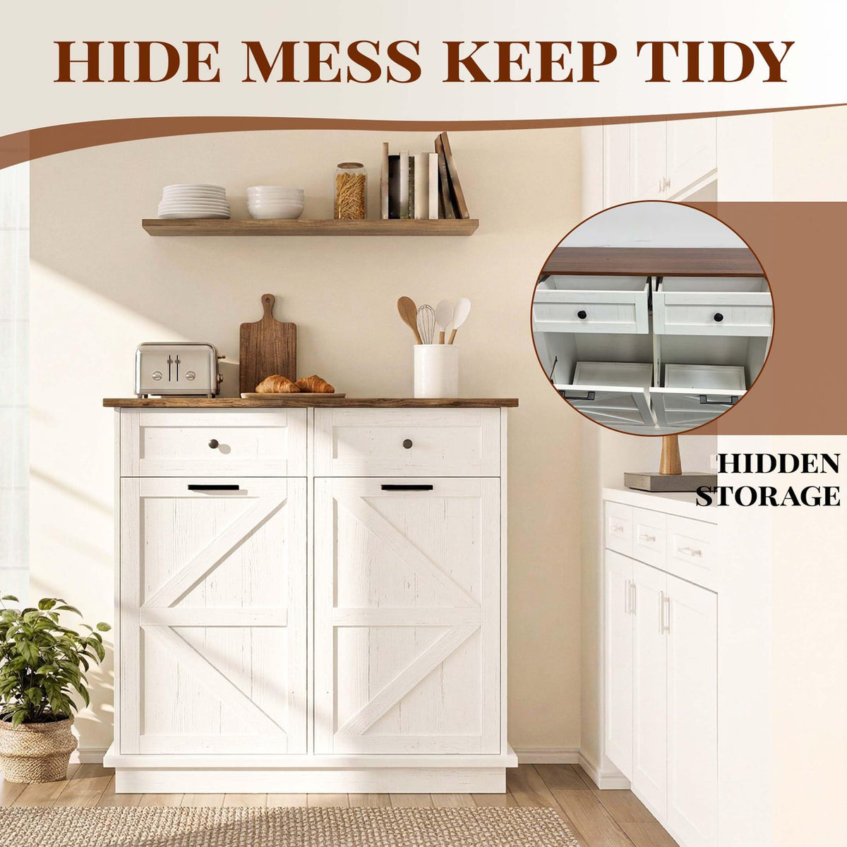 White Double Tilt Out Trash Can Cabinet with 2 Storage Drawers M359402
