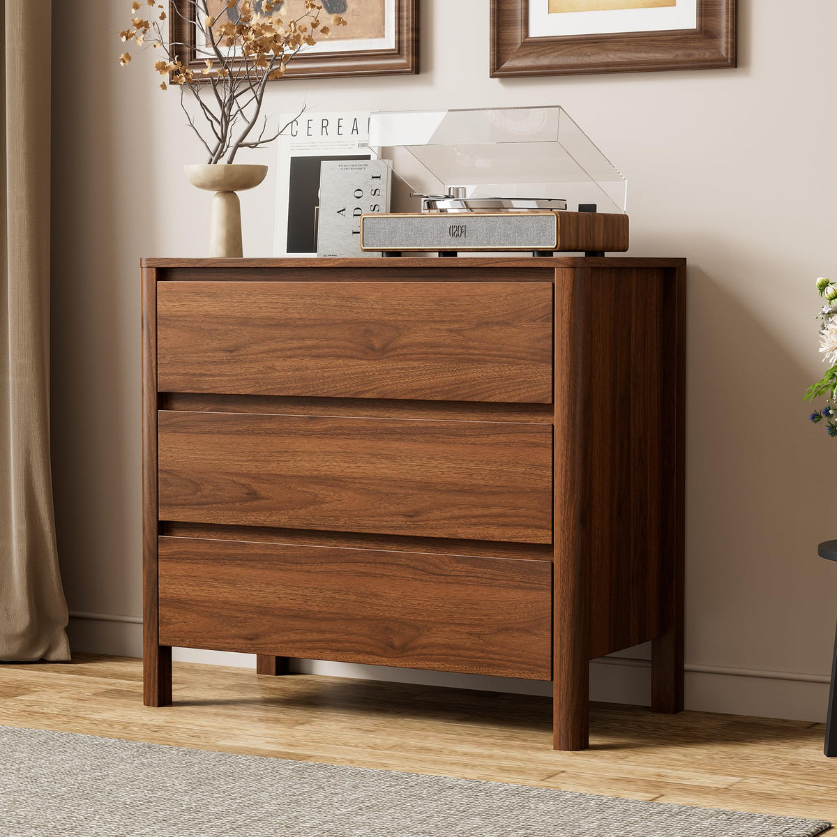 31.5" Wide 3 Drawer Wood Dresser with Legs, Walnut I926