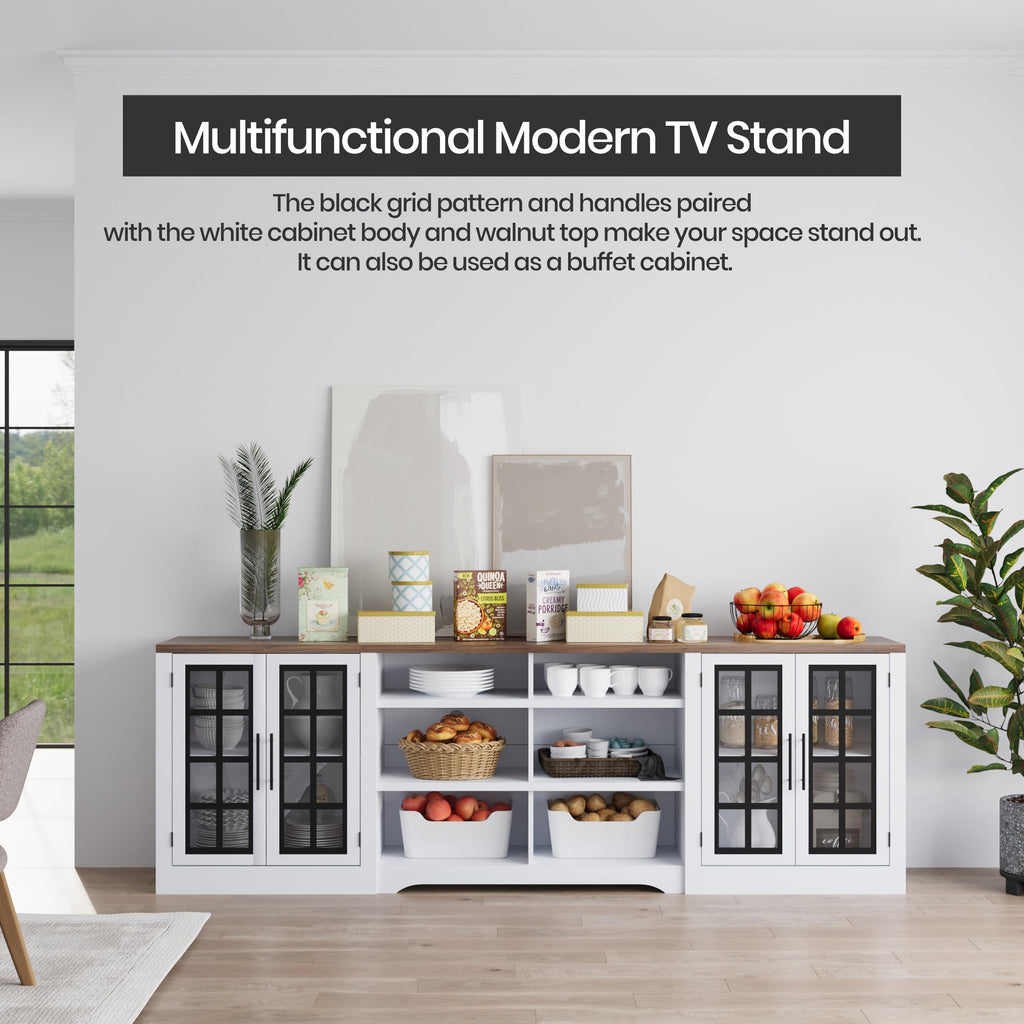 White TV Stand with Storage Cabinet and 3-Tier Open Shelves B21673