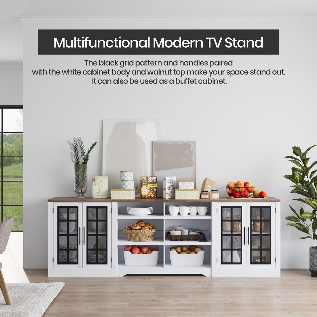 White TV Stand with Storage Cabinet and 3-Tier Open Shelves B21673