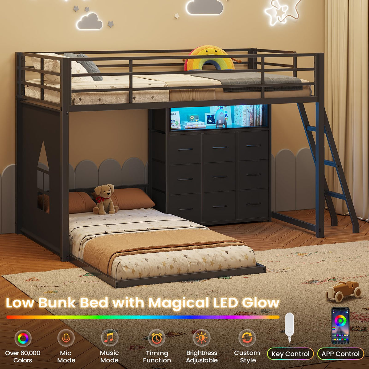 Twin Over Twin L-Shaped Bunk Bed with 9 Storage Drawers, LED Lights, Guardrail & Ladder, Black D534783