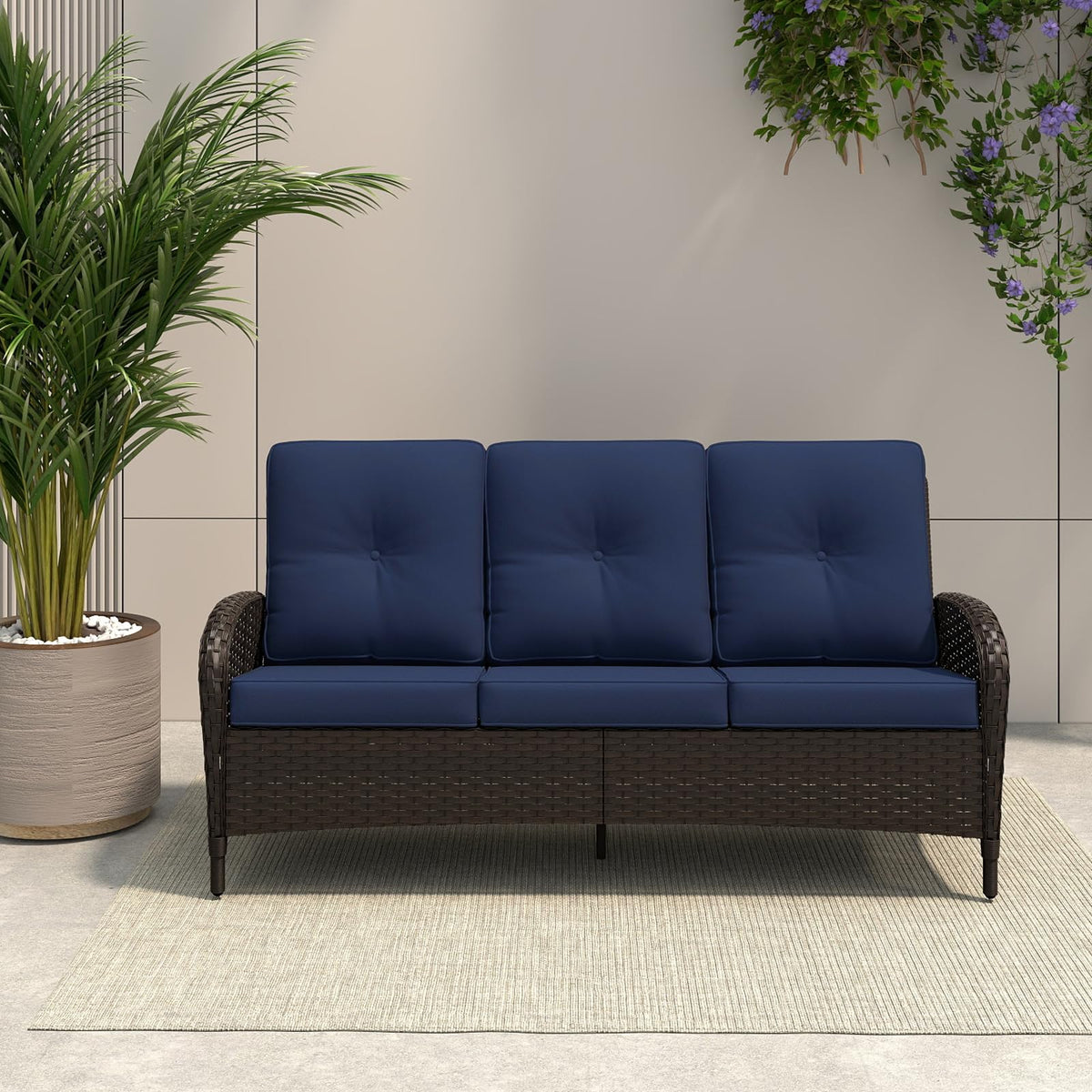 72" Wicker 3-seat Sofa with Cushions, PE Rattan & Steel Frame R460800