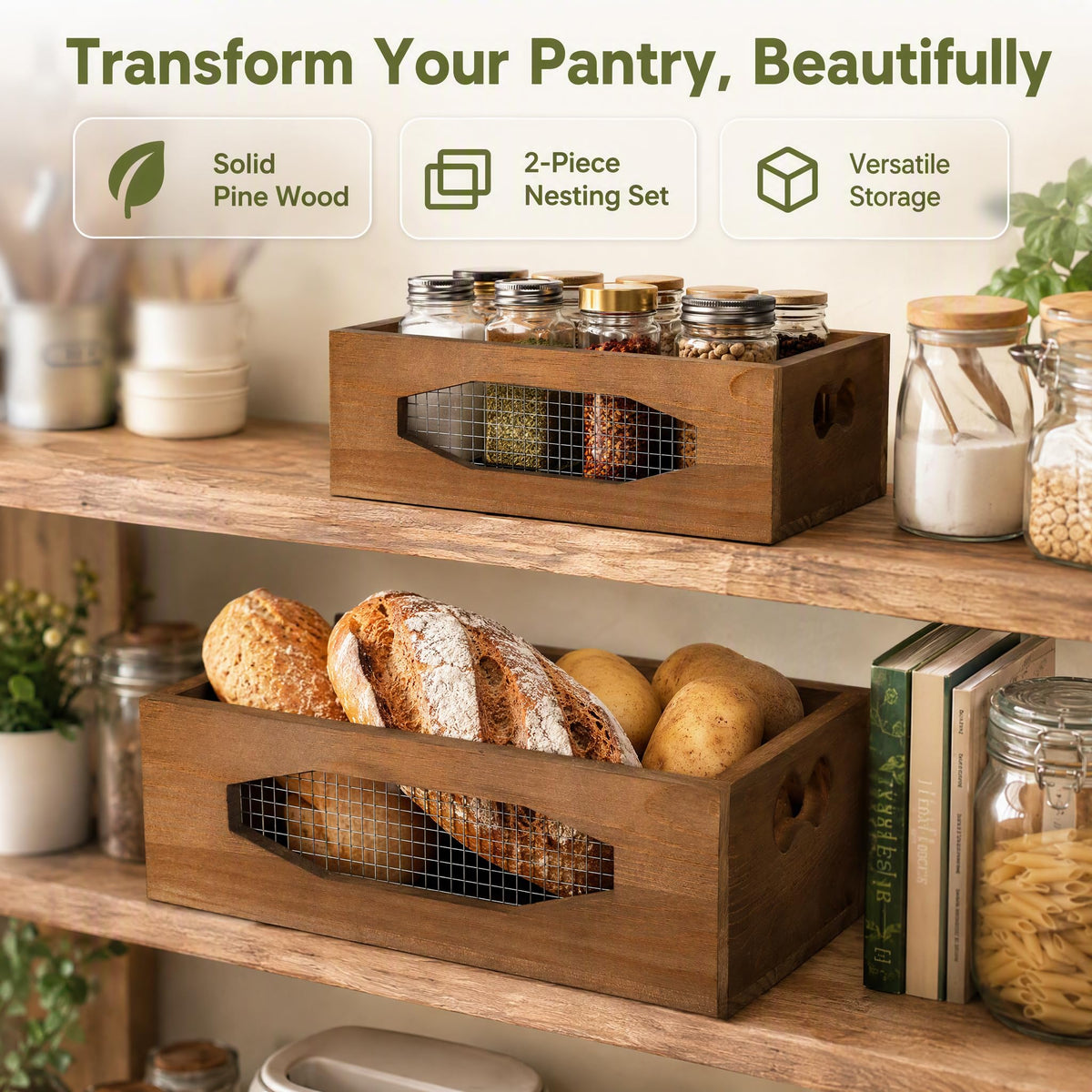 Set of 2 Wooden Nesting Countertop Baskets X69315