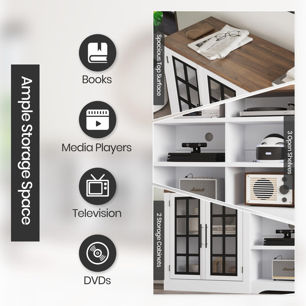 White TV Stand with Storage Cabinet and 3-Tier Open Shelves B21673