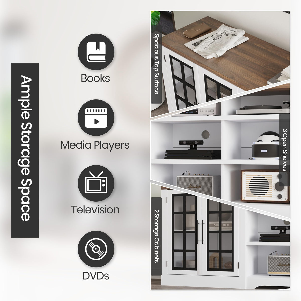 White TV Stand with Storage Cabinet and 3-Tier Open Shelves B21673