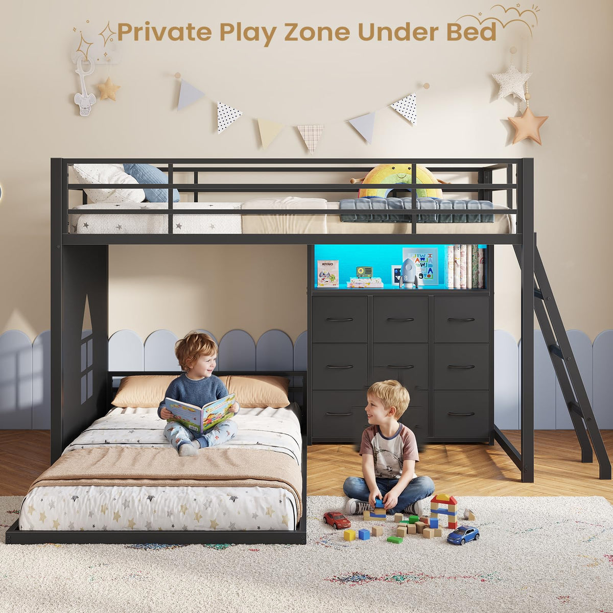 Twin Over Twin L-Shaped Bunk Bed with 9 Storage Drawers, LED Lights, Guardrail & Ladder, Black D534783