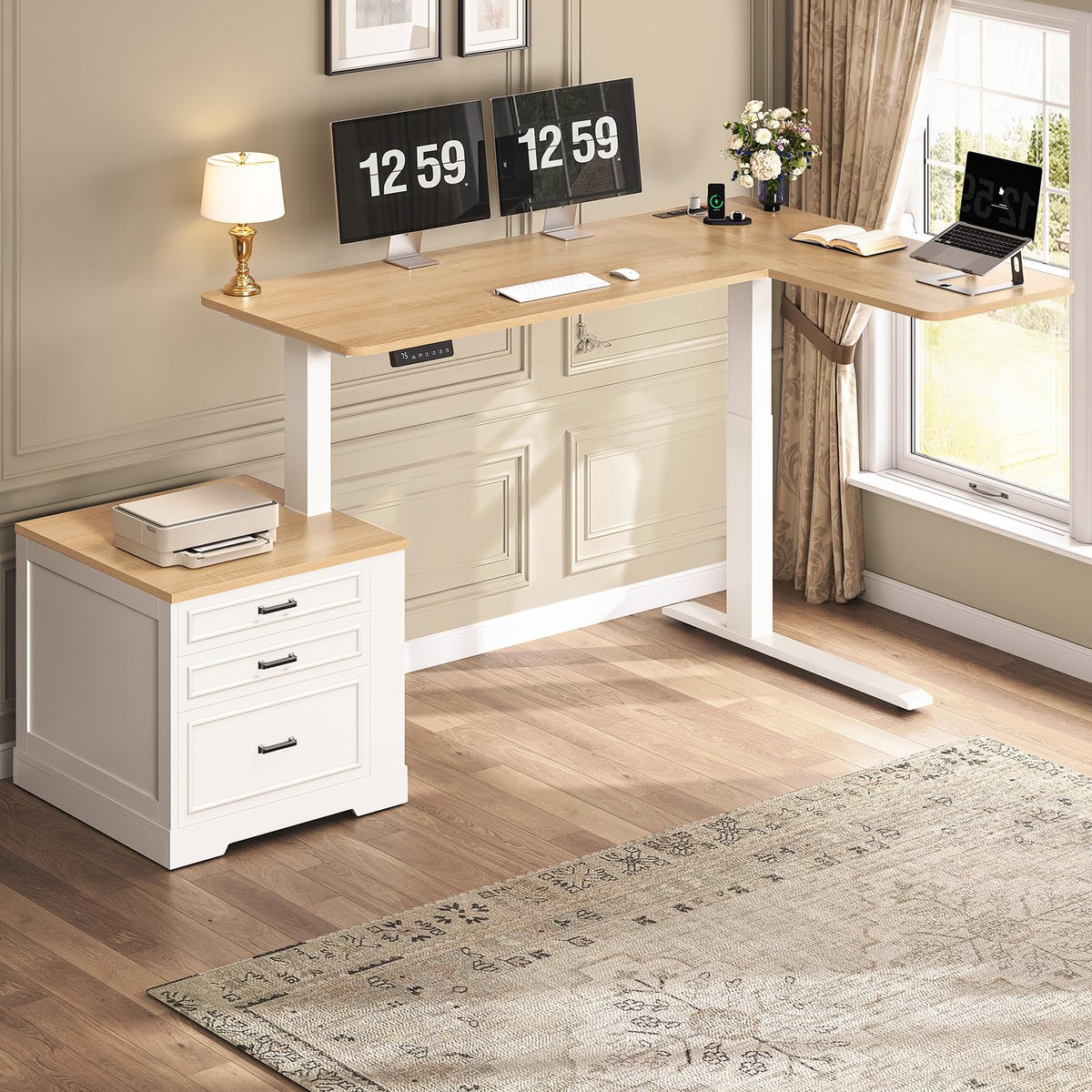 L Shaped Height Adjustable Standing Desk with 3 Drawers R147