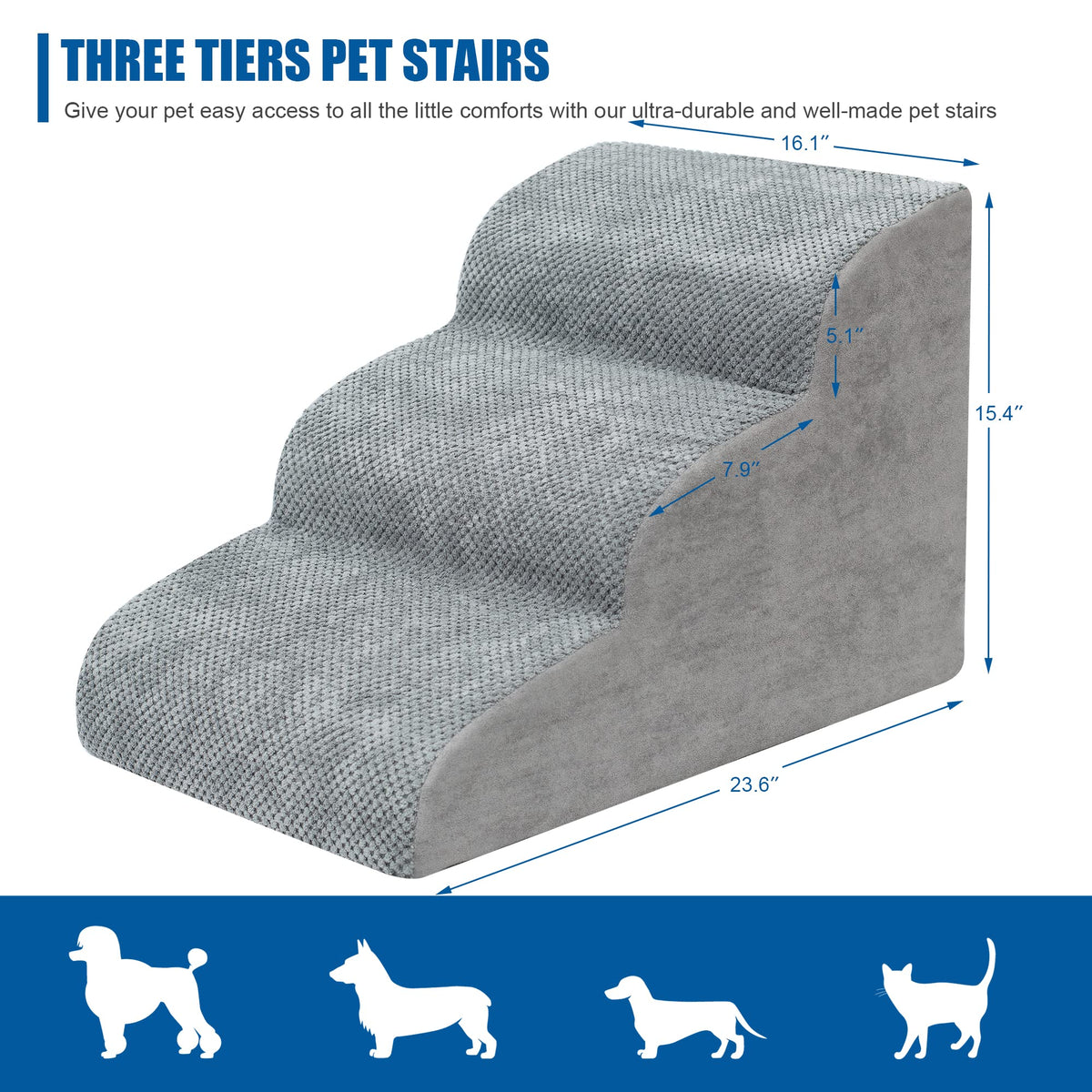 High Density Foam Dog Stairs 3 Steps Grey W2823