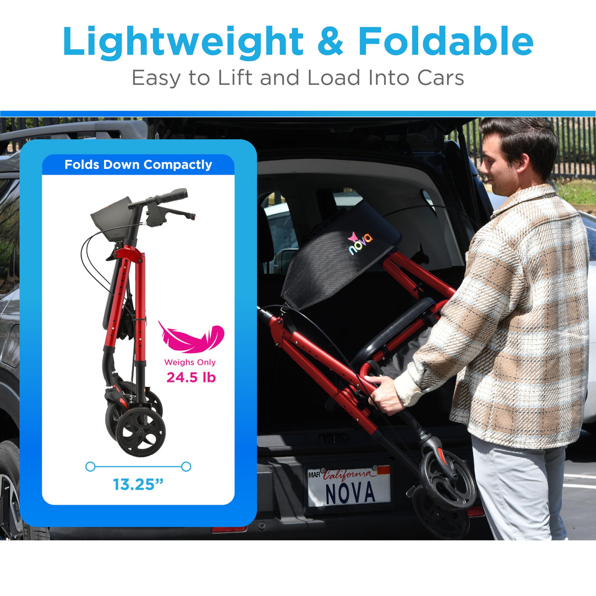 Foldable Rollator Walker with Seat, 400 lb Weight Capacity, 8” All-Terrain Wheels, Red U4387