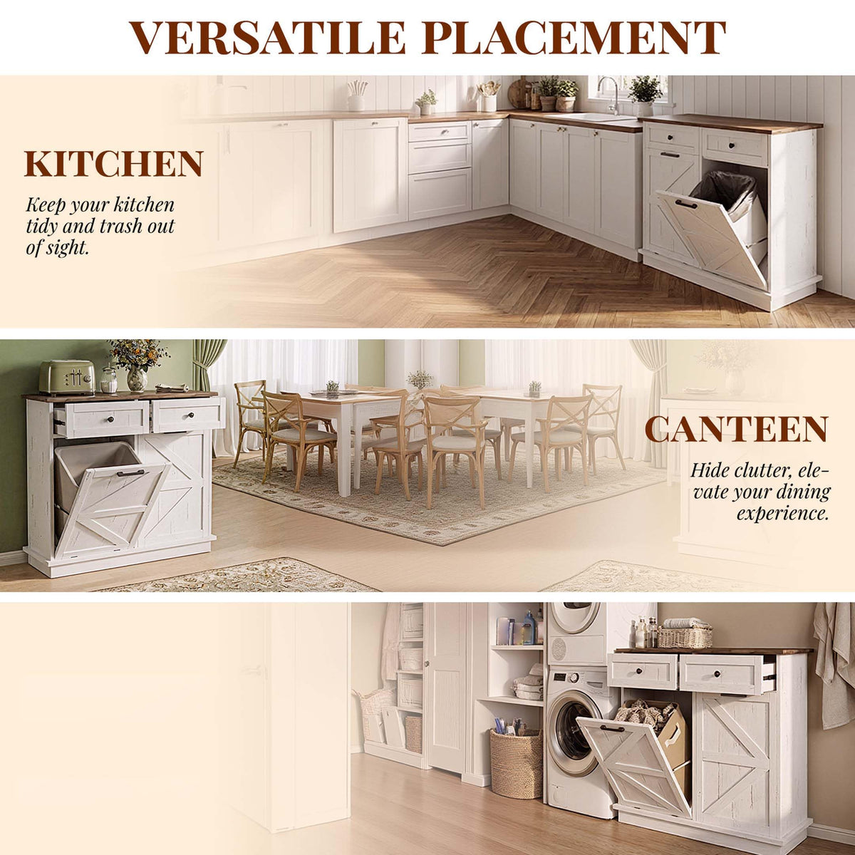 White Double Tilt Out Trash Can Cabinet with 2 Storage Drawers M359402