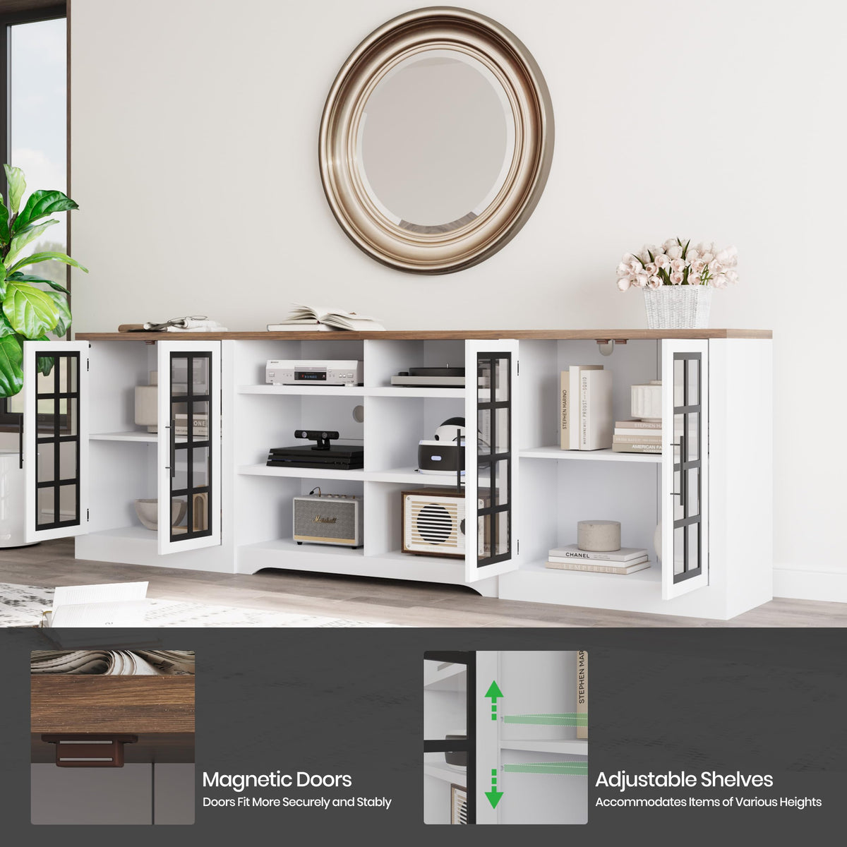 White TV Stand with Storage Cabinet and 3-Tier Open Shelves B21673