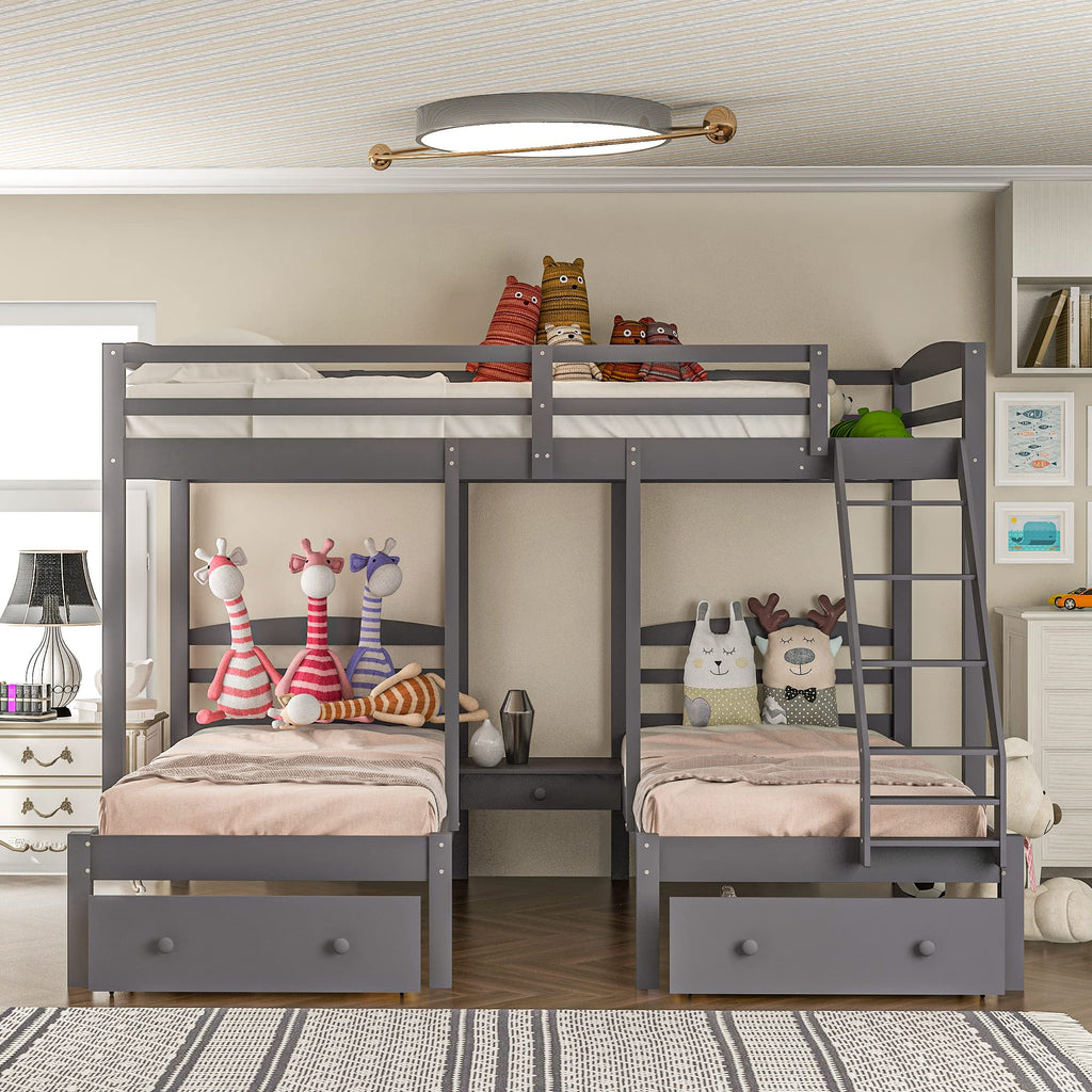 Full Over 2 Twin Wood Triple Bunk Bed with 3 Drawers and Guardrails H78117