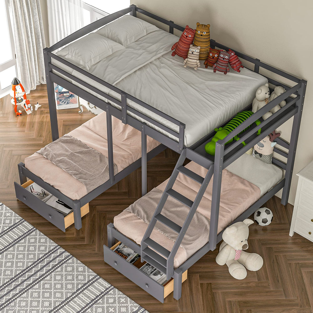 Full Over 2 Twin Wood Triple Bunk Bed with 3 Drawers and Guardrails H78117
