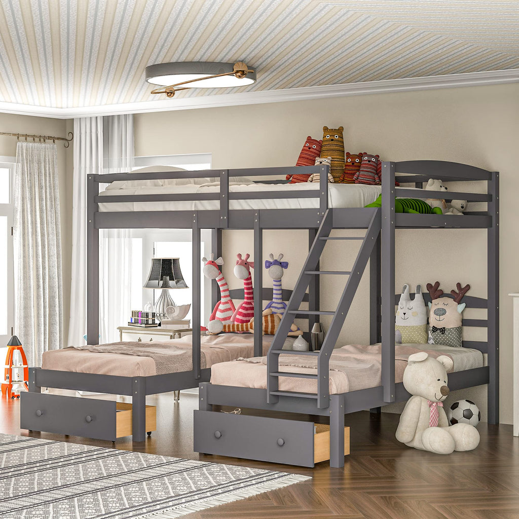 Full Over 2 Twin Wood Triple Bunk Bed with 3 Drawers and Guardrails H78117